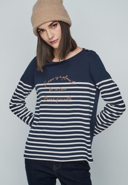 T-shirt às riscas com texto — azul-marinho