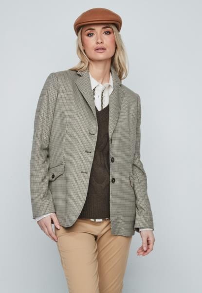 Blazer de fato com cotoveleiras e padrão de pequenos pés-de-galo — caqui
