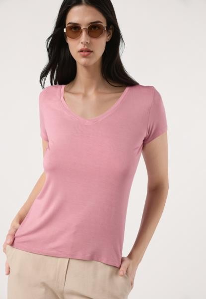 T-shirt com decote em V — rosa