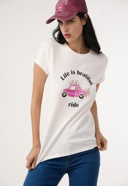 T-shirt com motivo de automóvel — branco