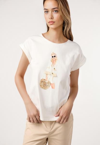 T-shirt com motivo de rapariga de óculos — branco