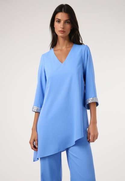 Blusa comprida lisa assimétrica — conjunto — azul