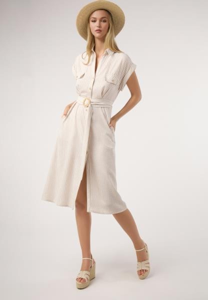 Vestido camiseiro às riscas — bege
