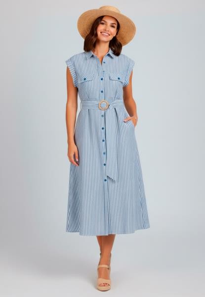 Vestido camiseiro às riscas — azul-marinho